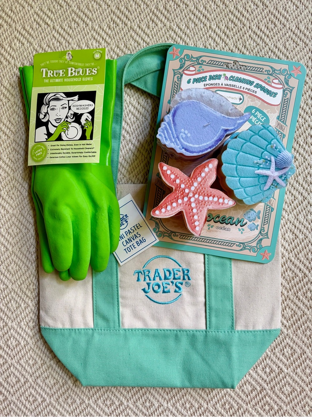 NWT Trader Joe's Mini Canvas Tote Bag, 6 piece sponge set and household gloves
